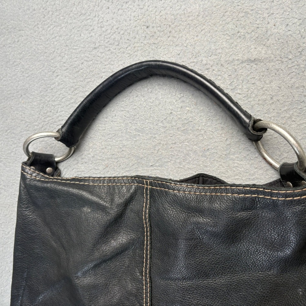 Lucky Brand Vintage Inspired Black Pebbled Leather Hobo Bag Whipstitch Detail - Picture 3 of 13